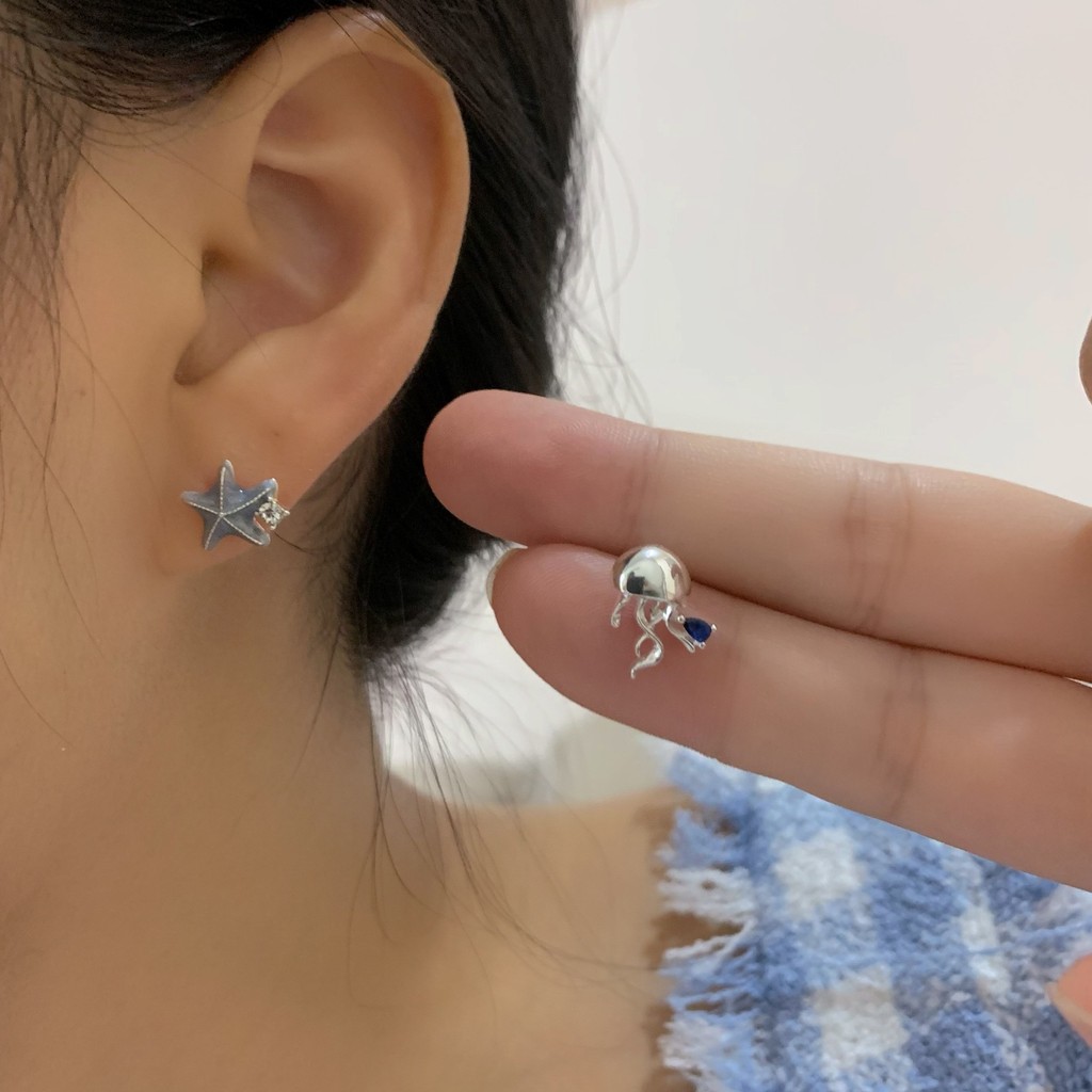 ต่างหูเปลือกหอยปลาดาวไม่สมมาตรเกาหลี สีเงิน สำหรับผู้หญิง เหมาะสำหรับวันหยุดและเป็นของขวัญ - รูปที่ 4
