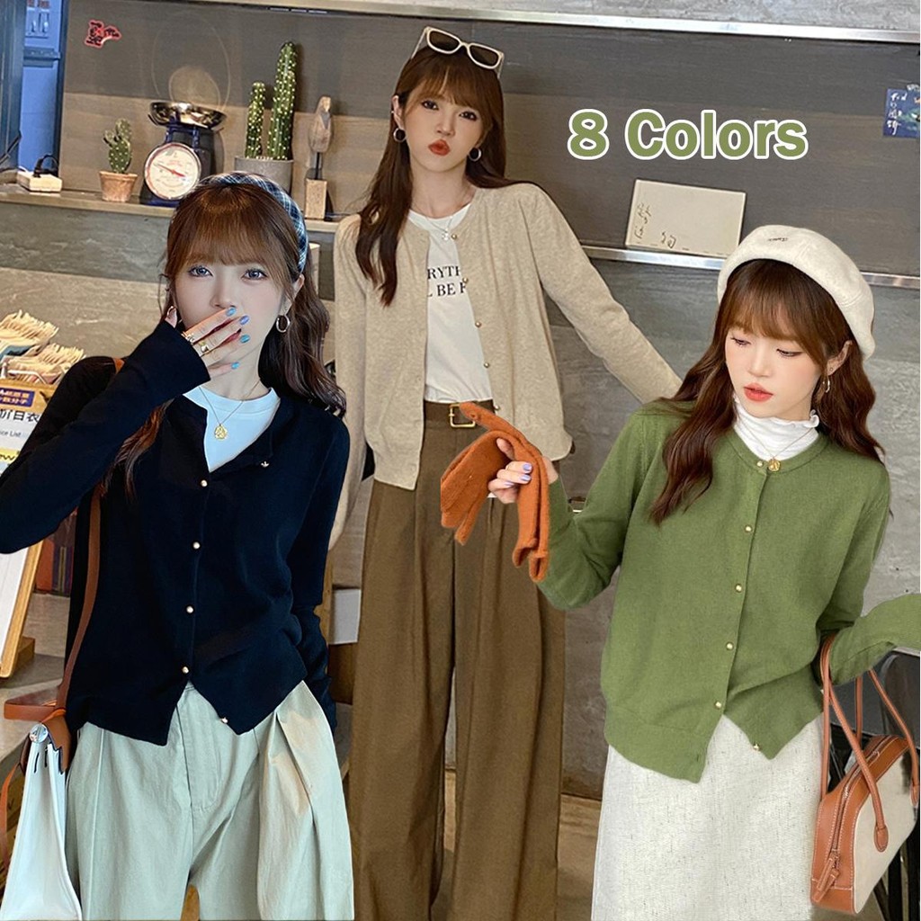 Chili Koko 8 สี เสื้อคลุมคาร์ดิแกนถักสีขาวสำหรับผู้หญิง เวอร์ชั่นบาง เสื้อแขนยาวถัก ป้องกันแดด 88010
