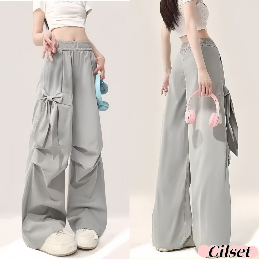 Cilset🛒พร้อมส่ง🎀 กางเกงขายาว เอวสม๊อค ขาทรงประบอกสีเทา ใส่ง่าย /NZ57