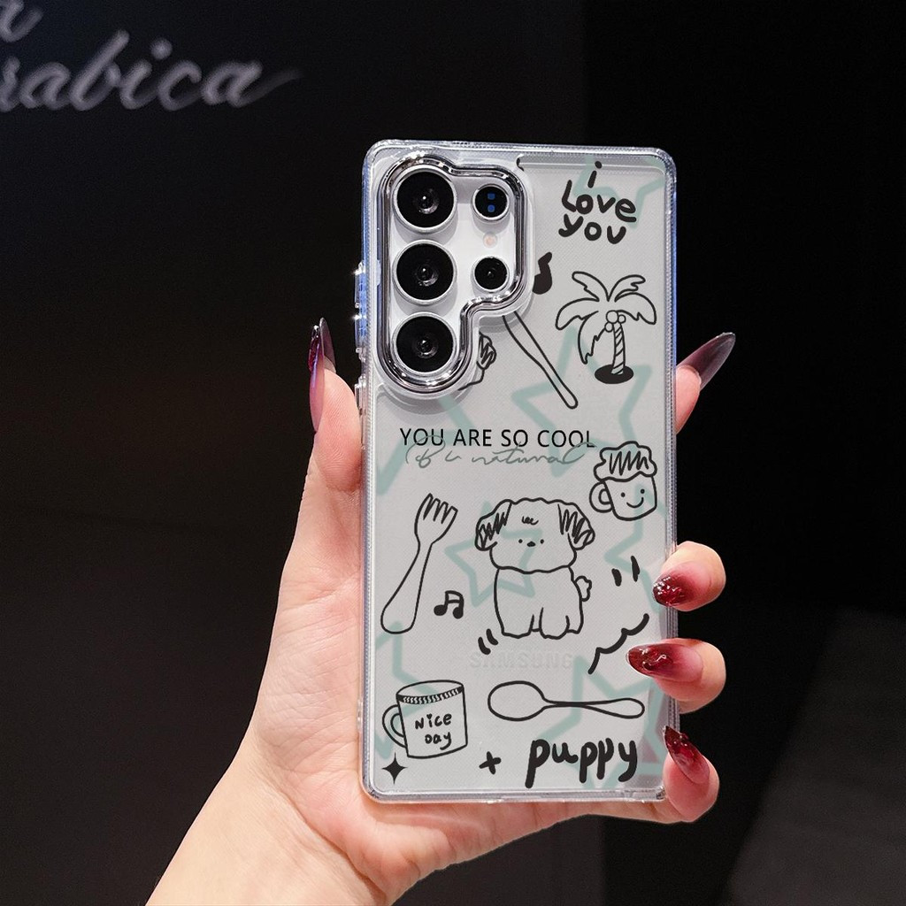 SAMSUNG โลหะใสกล้องเคสโทรศัพท์น่ารักสุนัขรูปแบบการ์ตูนสําหรับSamsung S25 S21 S22 S20 S24 S23 S23FE S