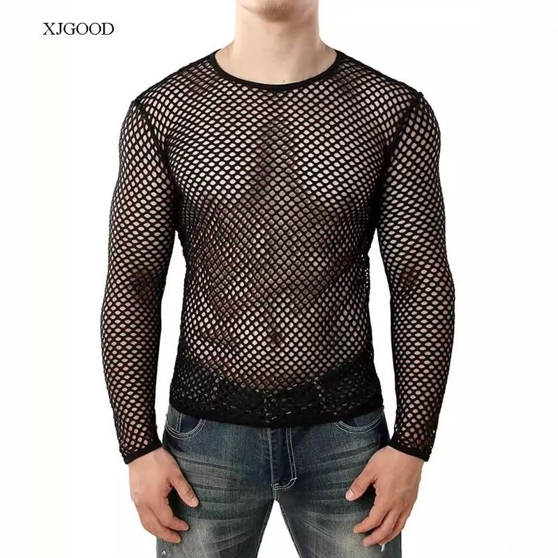 EERSHENSHI รอบคอ Hollow-out แขนยาวตาข่ายเสื้อยืด Breathable ตาข่ายขนาดใหญ่ยุโรปและอเมริกาอินเทรนด์แฟชั่น Man plus ขนาดเสื้อสวมหัวเสื้อ