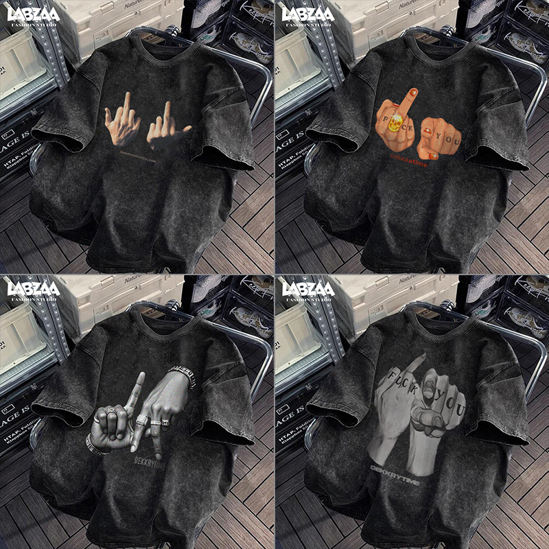 เสื้อยืดแขนสั้นคอกลม⚡ระบายอากาศ ลายพิมพ์ท่าทางแนวสตรีท สไตล์อเมริกัน วินเทจฟอกน้ำ  ผ้าคอตตอน YG0