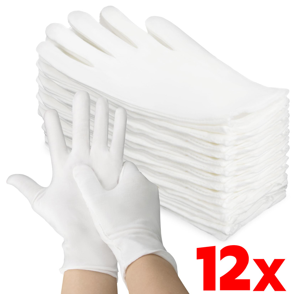ถุงมือผ้าฝ้ายยืดสีขาว 12 คู่ | ใช้ได้หลายอย่าง เช่น การดูแลผิวหนัง กิจกรรมฝีมือ และทำกิจกรรมกลางแจ้ง
