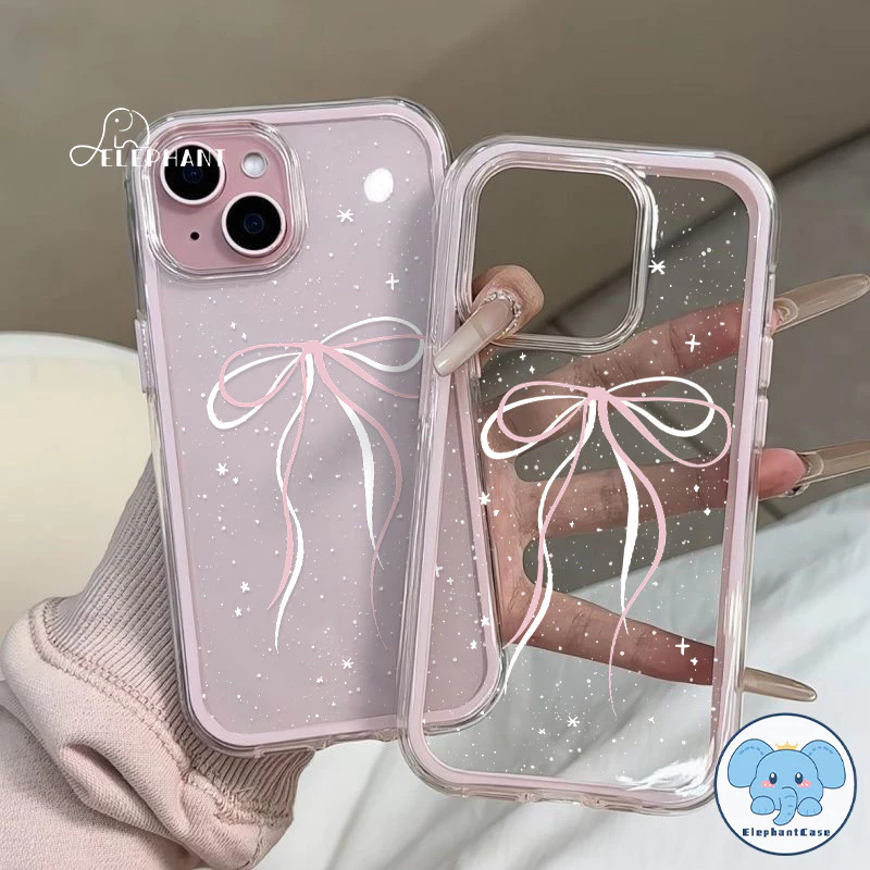 เคสไอโฟน15 สำหรับ IPhone 16 17 air 13 11 15 14 12 Pro Max 16 15 14 Plus เคสกันกระแทก2in1สีชมพูโรแมนติกพร้อมโบว์ริบบิ้น