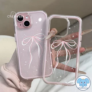 เคสไอโฟน15 สำหรับ IPhone 16 17 air 13 11 15 14 12 Pro Max 16 15 14 Plus เคสกันกระแทก2in1สีชมพูโรแมนติกพร้อมโบว์ริบบิ้น