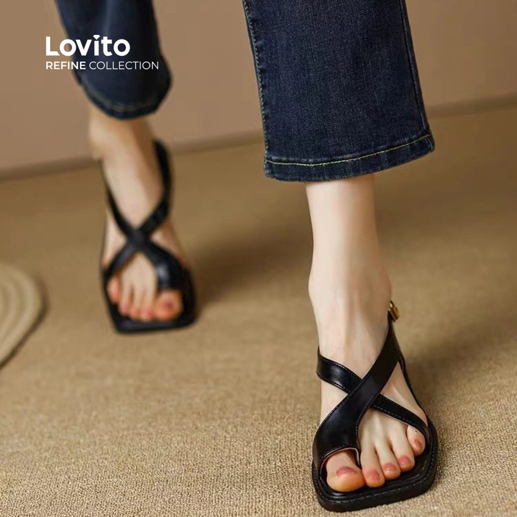 (Trendy) (Lovito Refine) รองเท sandal แบบสบาย ๆ แบบแบน สายไขว้ สปริง/ฤดูร้อน สีดำ รองเท้าส้นแบน LR13E410