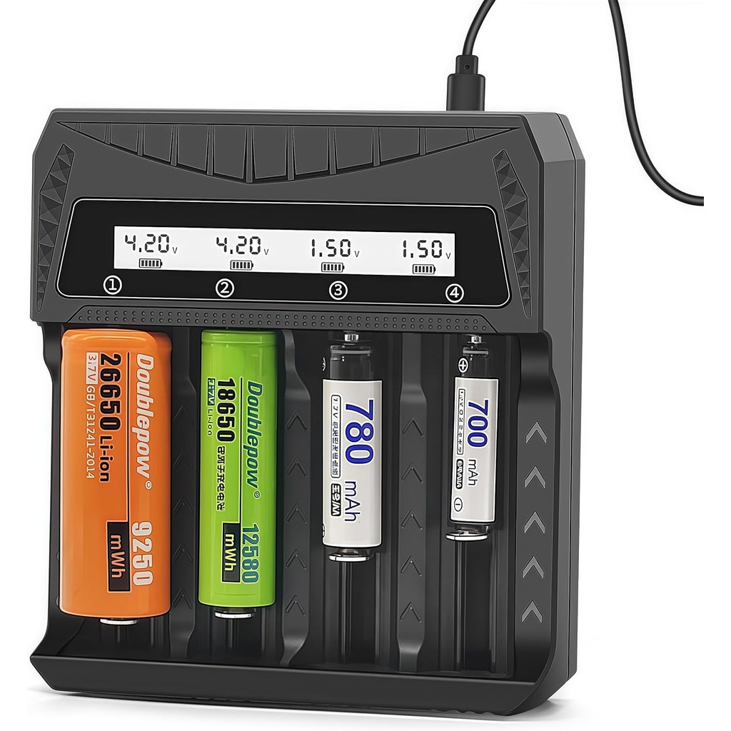 เครื่องชาร์จแบตเตอรี่ 18650,4 Bay Smart LCD Battery Charger สําหรับ 3.7V-4.2V Li-ion / 1.2V-1.5V Ni-