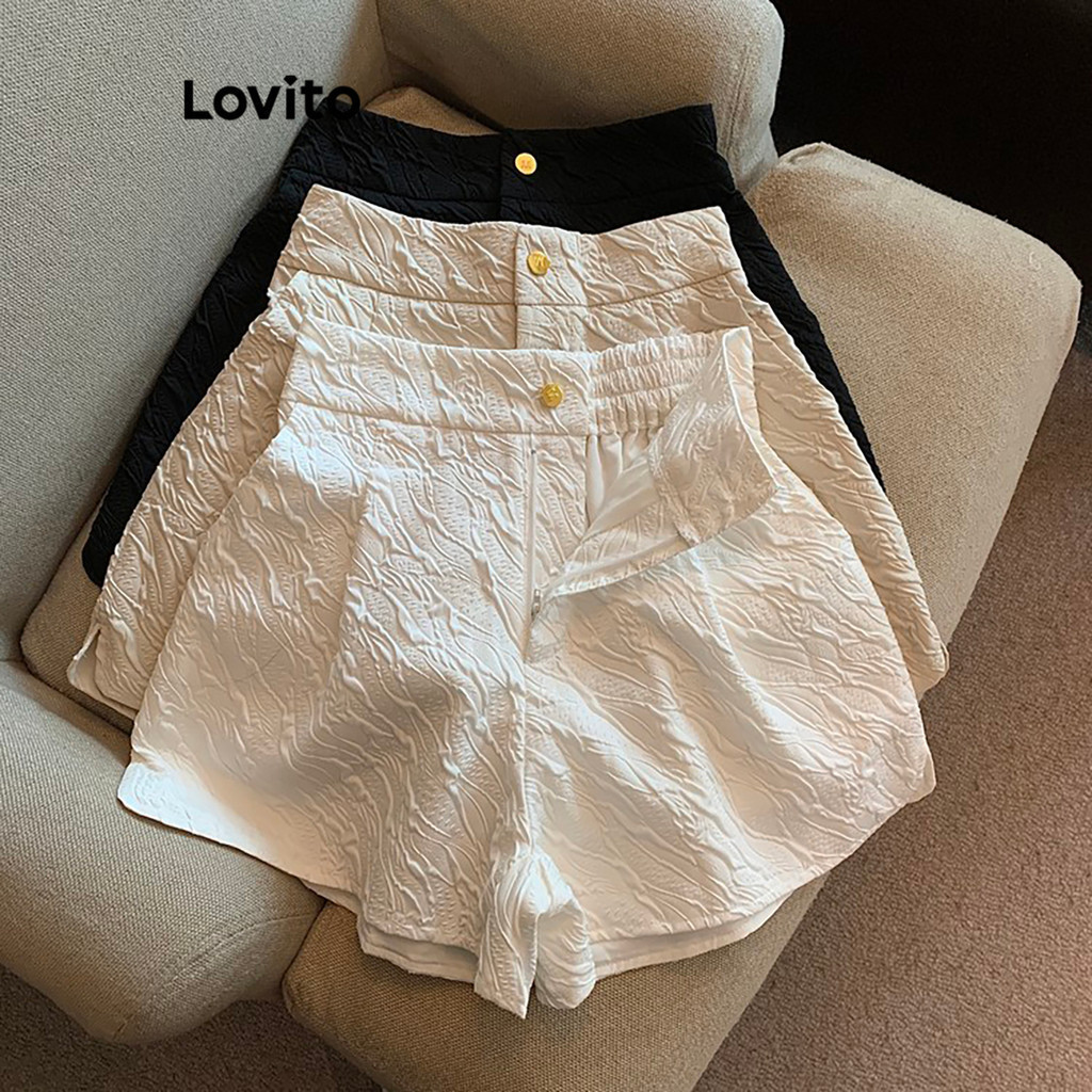 Lovito กางเกงขาสั้นลําลองกางเกงขาสั้น ผ้าแจ็คการ์ด ธรรมดาสําหรับผู้หญิง L74ED145