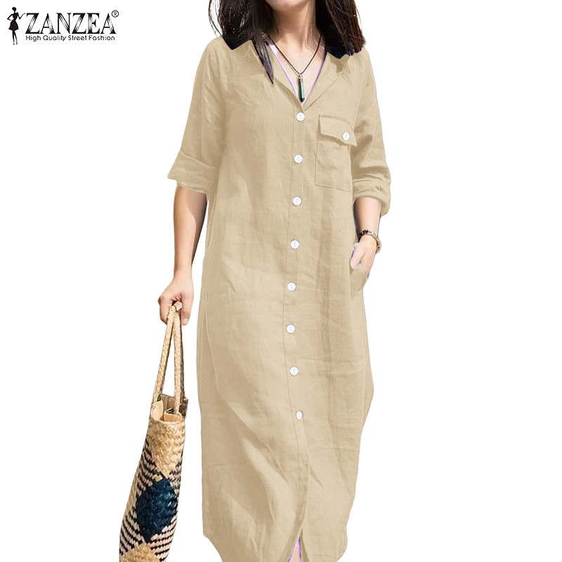 ZANZEA เดรสสำนักงานทรง casual กระดุมปิดด้านหน้า แขนยาว 3/4