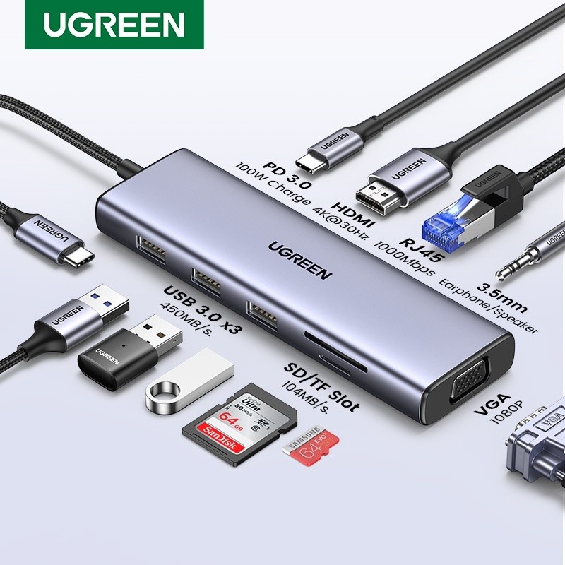 UGREEN 10 in 1 USB C HUB Dongle Ethernet Docking Station 4K HDMI VGA 100W Power Delivery 3 พอร์ต USB