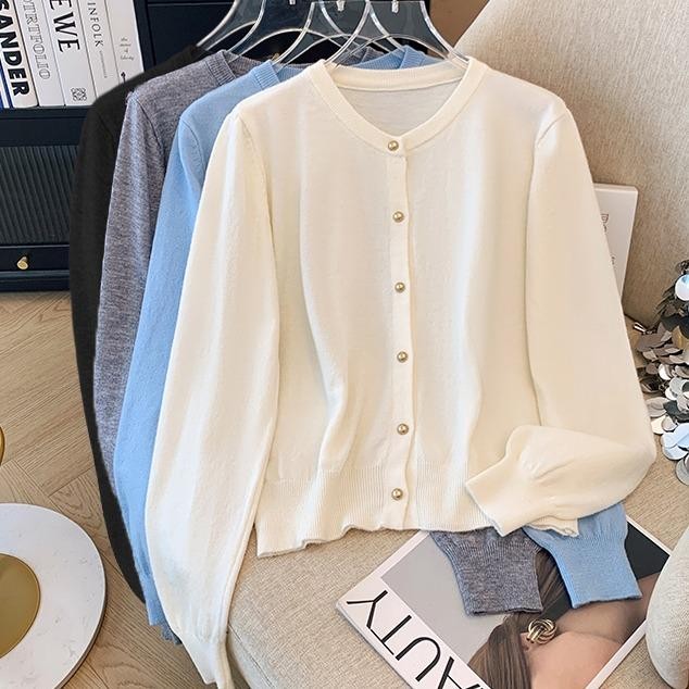 Chili Koko เสื้อแจ็คเก็ตคาร์ดิแกนถัก เสื้อสเวตเตอร์คอกลมแขนยาว แต่งกระดุมทอง 88010