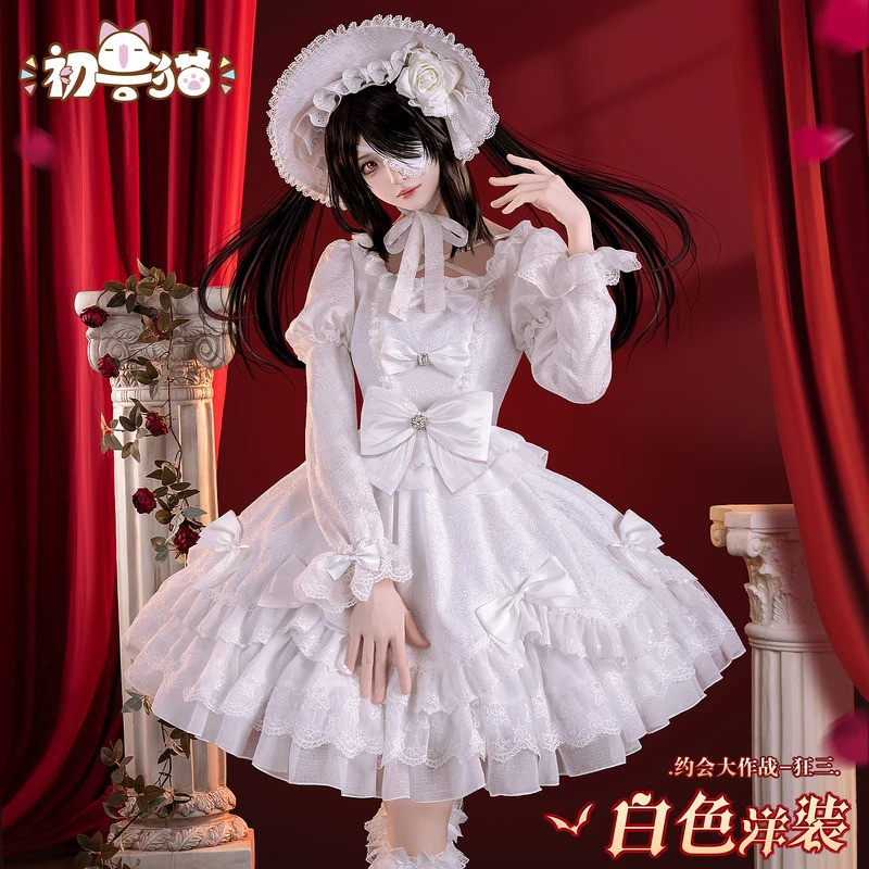 QY Anime DATE A LIVE Tokisaki Kurumi Cosplay Costume Tokisaki Kurumi White Dress Halloween Costumes 