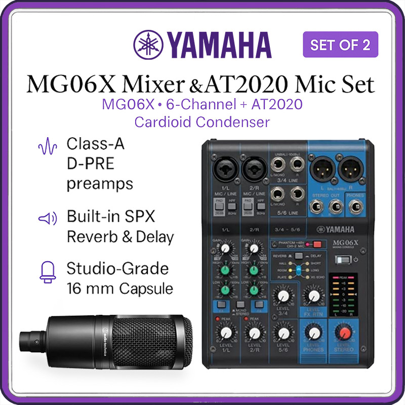 Yamaha MG06X 6-Channel Analog Mixer + Audio-Technica AT2020 Cardioid Condenser Microphone Bundle | C