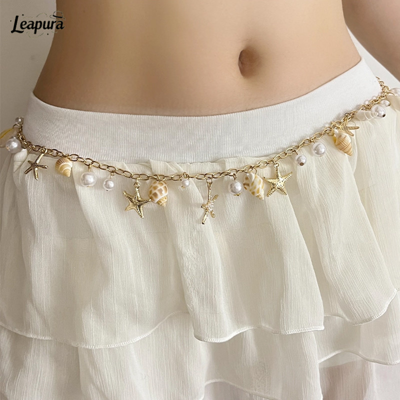 เข็มขัดโซ่เอวมุกเปลือกหอยชายหาดสไตล์โบฮีเมียปรับได้เครื่องประดับแฟชั่นสำหรับผู้หญิง❤️Leapura