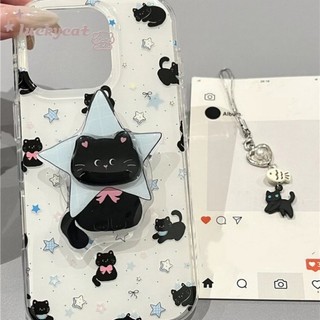 เข้ากันได้กับ iPhone 16 15 14 13 12 11 Pro Max X Xr Xs Max 7 8 Plus SE2020 เคสโทรศัพท์น่ารัก Ins Blue และ White Star Cat + Stand + Lanyard Soft Back Cover