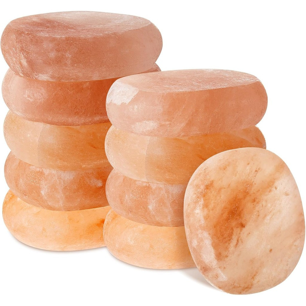 10 ชิ้นแบนรูปไข่นวดหิน 3.5 x 1 x 2.6 คริสตัลมือแกะสลักนวดหินสําหรับนวดบําบัดเกลือหิมาลัยจริงสีชมพูนว