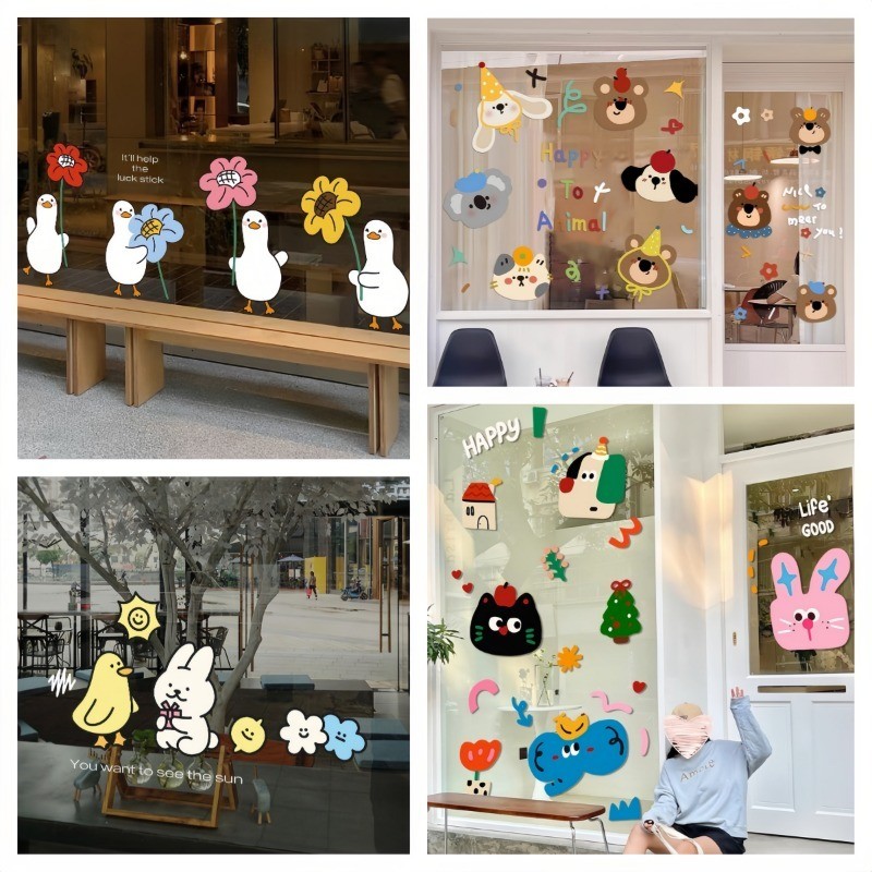 COD สติ๊กเกอร์สูญญากาศ PVC สไตล์การ์ตูน รูปแบบสัตว์ขนาดเล็ก สติกเกอร์หน้าต่าง สติกเกอร์ประตูกระจก