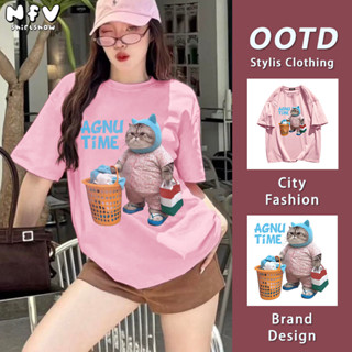 NFV มาใหม่💙ลายพิมพ์แมว แขนสั้น คอกลม เสื้อยืด ทรงหลวม ผ้าคอต…