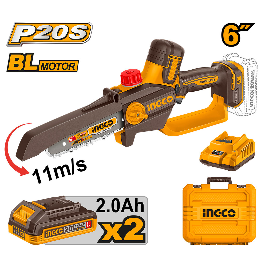 INGCO เลื่อยโซ่ไร้สาย 20 โวลท์ 6 นิ้ว BL Motor รุ่น CGSLI20662 ครบชุดแบต2Ahx2ก้อน /เครื่องเปล่า