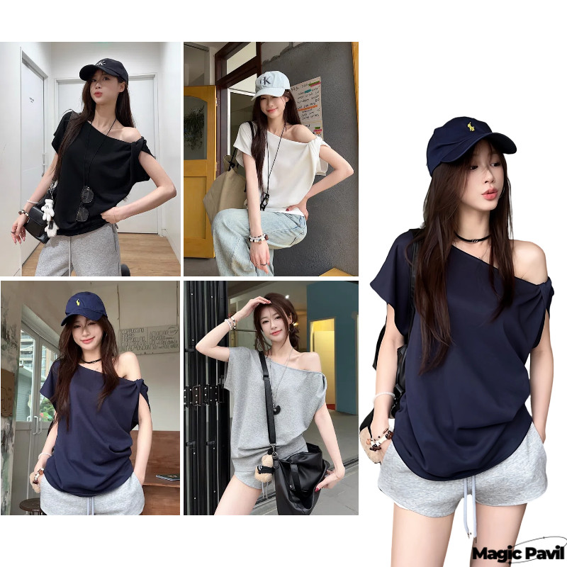 【Magic】พร้อมส่ง | แขนสั้น เสื้อแขนสั้นสไตล์เกาหลี คอเฉียงโชว์บ่าเซ็กซี่ ผ้านุ่มเบาระบายอากาศดี   สีด