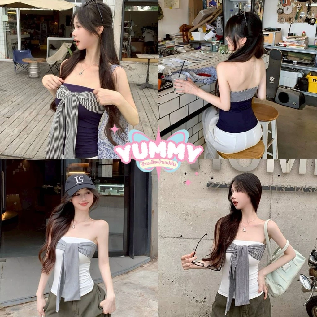 🎀Yummy Shop🎀พร้อมส่ง (FY5561) เสื้อเกาะอกเสริมฟองน้ำ มินิมอล สีพื้น ดีเทลแต้งโบว์ลายทาง