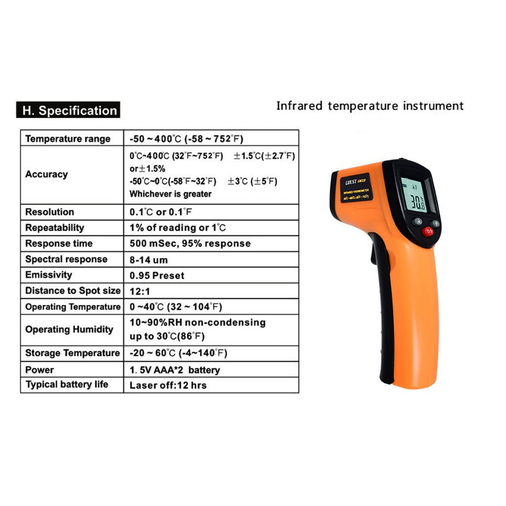 GM320 เครื่องวัดอุณหภูมิอินฟราเรด ไม่สัมผัส จอ Lcd อุตสาหกรรม วัดอุณหภูมิครัวอาหารน้ำมันอุณหภูมิ E22 - รูปที่ 5