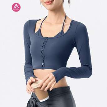 AirActive Yoga Sports T-shirt Crop Top Fixed Pads Halter Neck Long Sleeves 2 In 1 Design