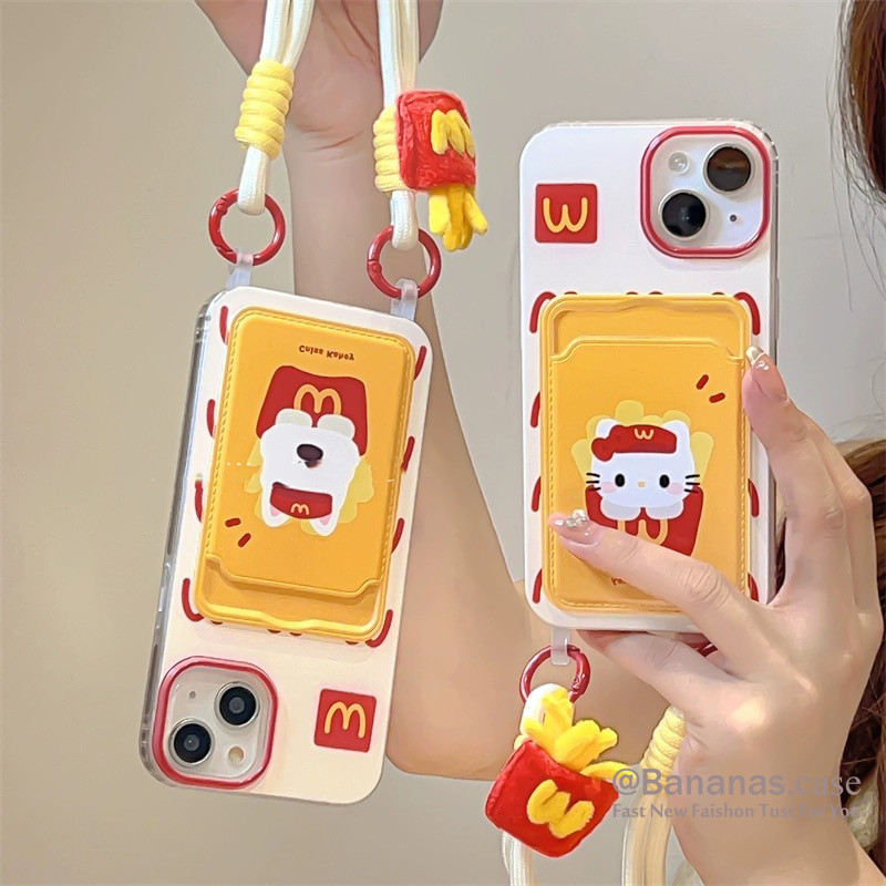 Iphone 15 14 13 12 11 Pro Max X Xr Xs Max 7 8 Plus SE2020 เคสโทรศัพท์การ์ตูนFrench Fries KT Cat + Lanyardฝาครอบโทรศัพท์นุ่ม