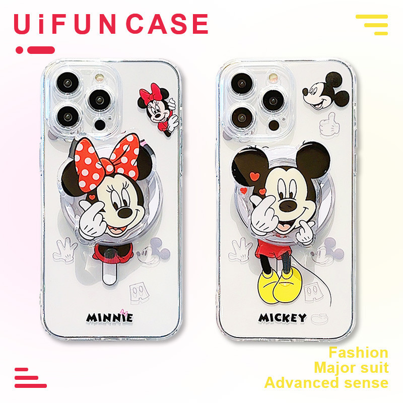 Kawaii Minnie Mickey Mouse ที่วางการ์ตูนขาตั้งแม่เหล็กชาร์จไร้สายเคสโทรศัพท์สําหรับ iPhone 15 14 Plus 13 12 11 Pro Max ครอบคลุมเต็มรูปแบบ TPU Drop ทนปลอกมือถือ