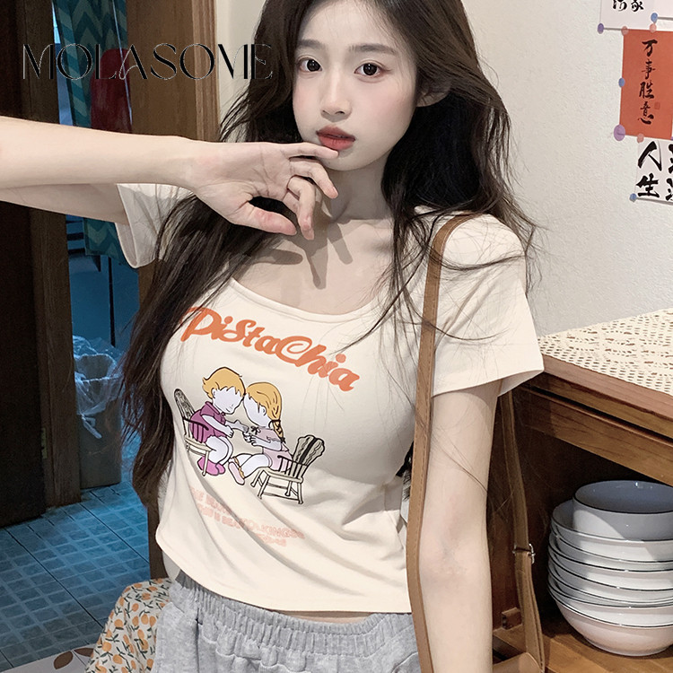 โมลาโซเมะ ผู้หญิง2024แฟชั่นใหม่สีทึบธรรมดาพิมพ์คอกลมแขนสั้นเสื้อยืด