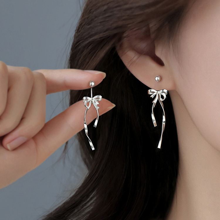 Sweet Girls Siver Bowknot สกรูเจาะต่างหูหู Studs อุปกรณ์เสริม