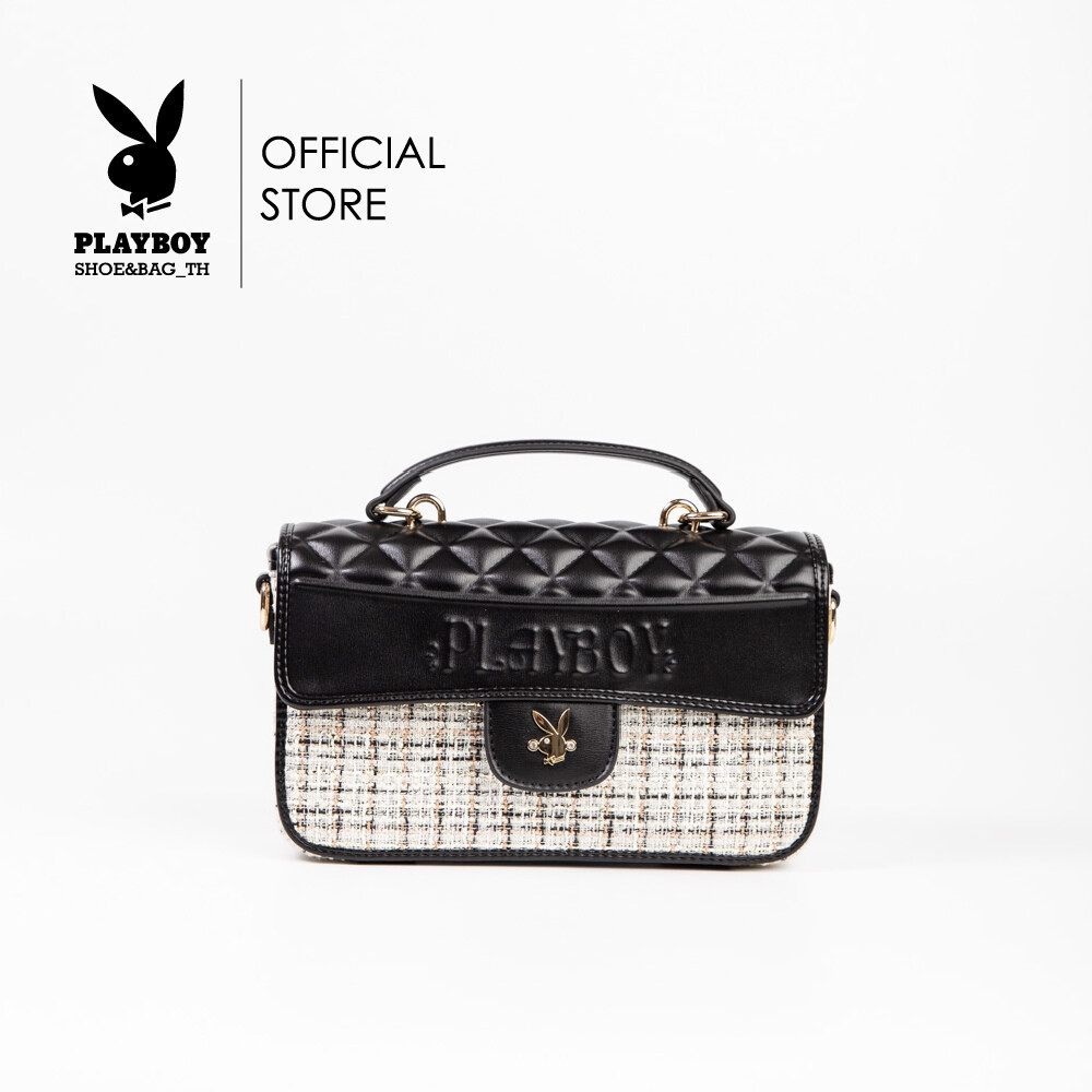 Playboyรุ่นCutie Women's Bag กระเป๋าสะพายข้างผู้หญิงรหัสST-B243PB573 ดีไซน์ผ้าทวีดฝาลอคปิดปั้มนูนโลโ