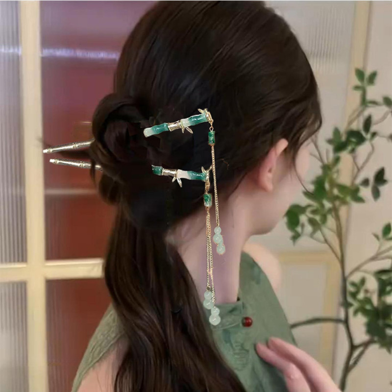 กิ๊บติดผมรูปตัว U ไม้ไผ่สไตล์จีนใหม่สําหรับผู้หญิง Fringed Hairpins กระโปรงหน้าม้าเครื่องประดับผม