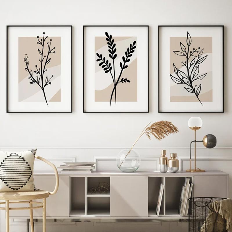 Minimalist Boho Line โปสเตอร์ดอกไม้สามชิ้นห้องนั่งเล่น Beige ฤดูใบไม้ผลิผ้าใบภาพวาด Nordic ห้องนอนตกแต่ง Wall Art