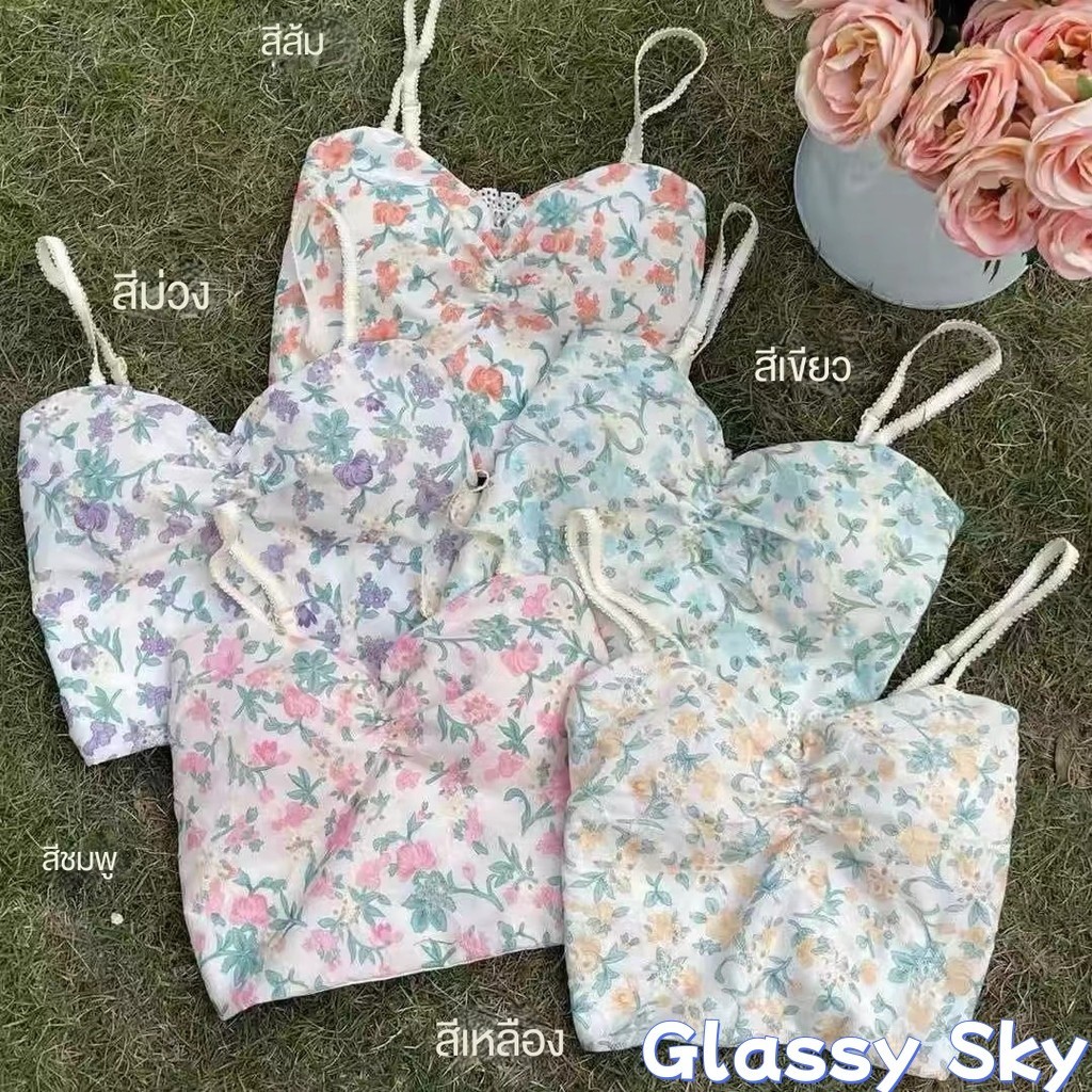 Glassy Sky พร้อมส่ง เสื้อกล้ามผู้หญิงผ้าชีฟองมีฟองน้ำ ดีเทลลายดอกไม้ ระบายลูกไม้ (19100) -H