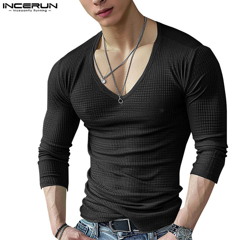 Incerun เสื้อยืดแขนยาวผู้ชาย Simple Texture Deep V