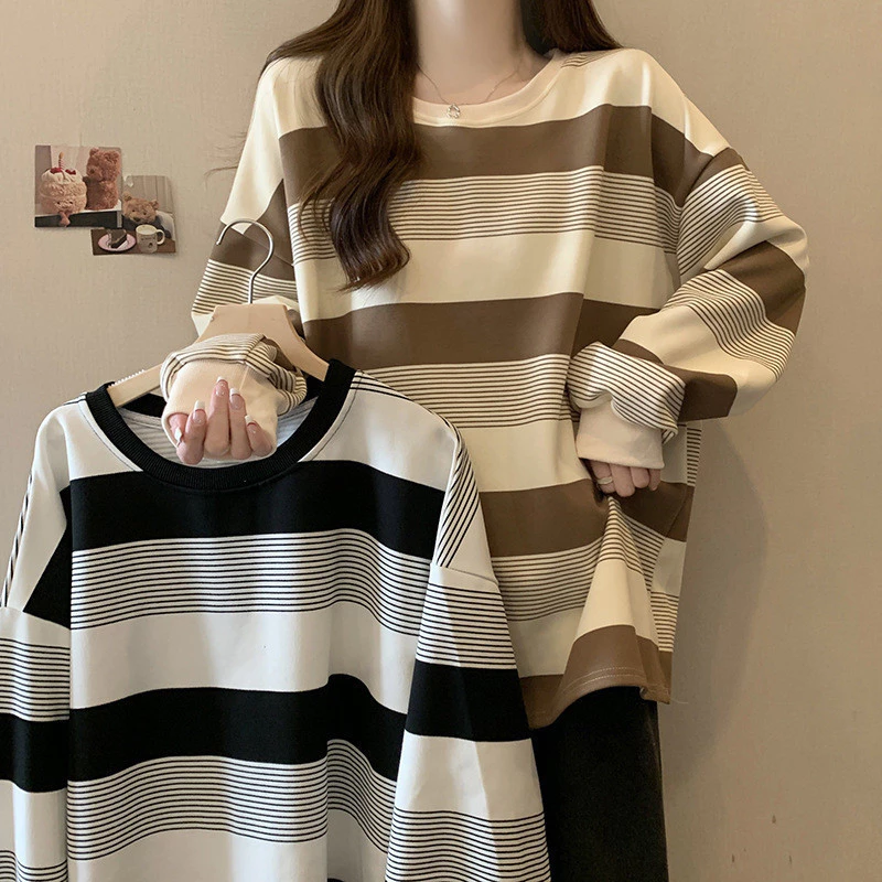 Retro ลายเสื้อยืดผู้หญิง 2026 หลวม Slimmer ดู Preppy สไตล์แขนยาว
