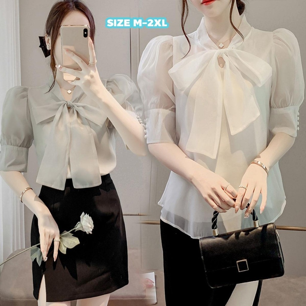 MIMI&DIDI#เสื้อแขนสั้นเรียบหรูประดับโบว์ใหญ่ แขนพัฟ เสื้อมืออาชีพมีสไตล์ สง่างาม#W335