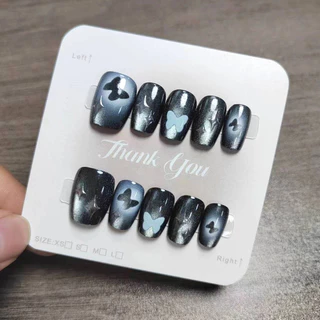 ทําด้วยมือกดบนเล็บ 10 ชิ้นภาพวาดหมึกสไตล์ Cat Eye Design เล็บปลอมพร้อมเจลเยลลี่