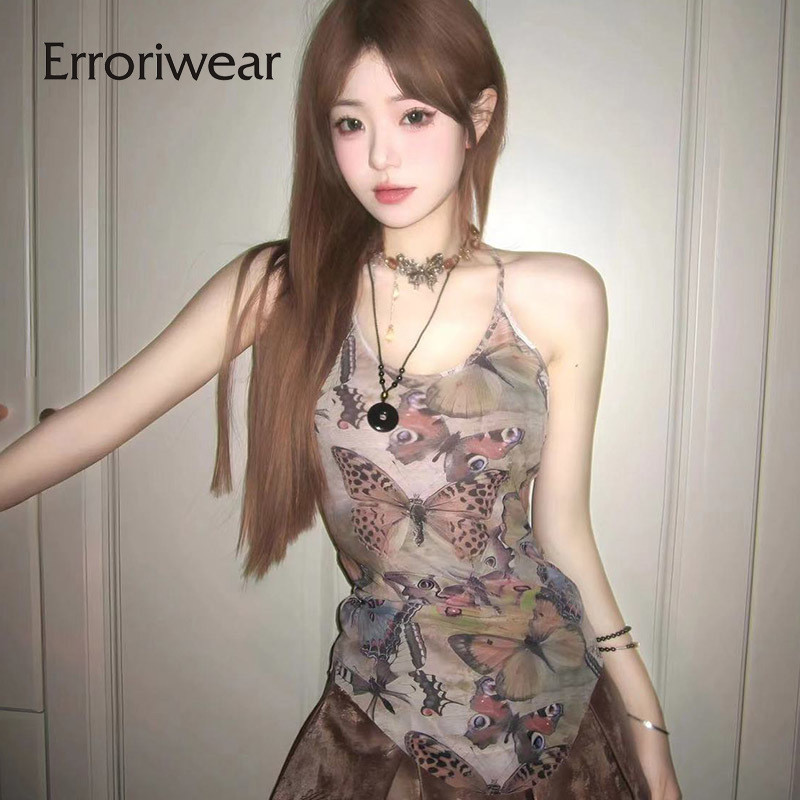 Errokiwear เสื้อกล้ามผู้หญิง 2024 การพิมพ์ผีเสื้อโปร่งแสง Slim Fit Casual Halter Camisole