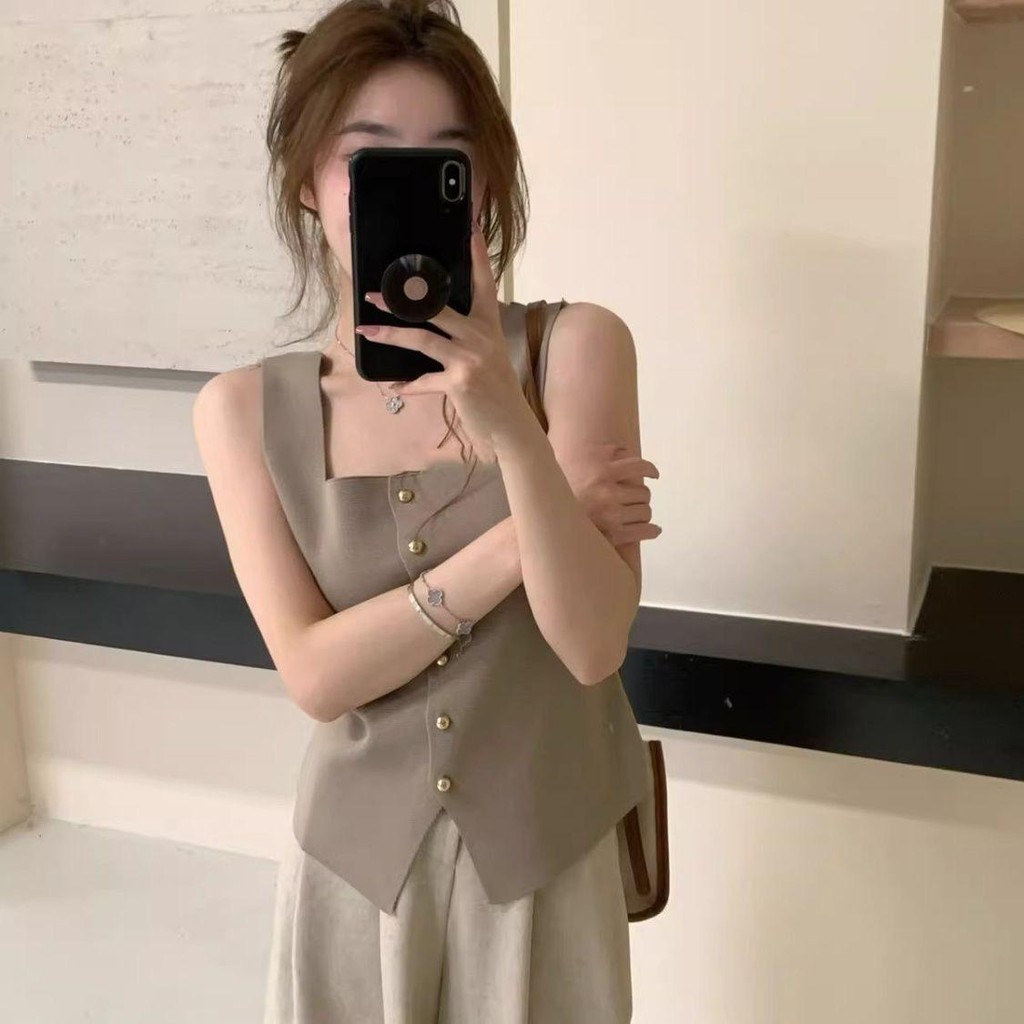 KOKO#เสื้อกั๊กแขนกุดคอเหลี่ยมฝรั่งเศส เสื้อครอปไหมพรม แฟชั่นสไตล์เกาหลี#69033