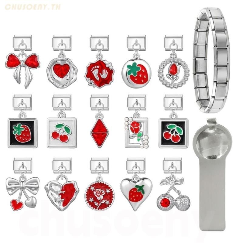 2024 ใหม่แฟชั่นจี้สีแดงหัวใจโบว์ Charm อิตาเลี่ยน Links Fit 9 มม.สร้อยข้อมือเครื่องประดับสแตนเลส DIY ทํา