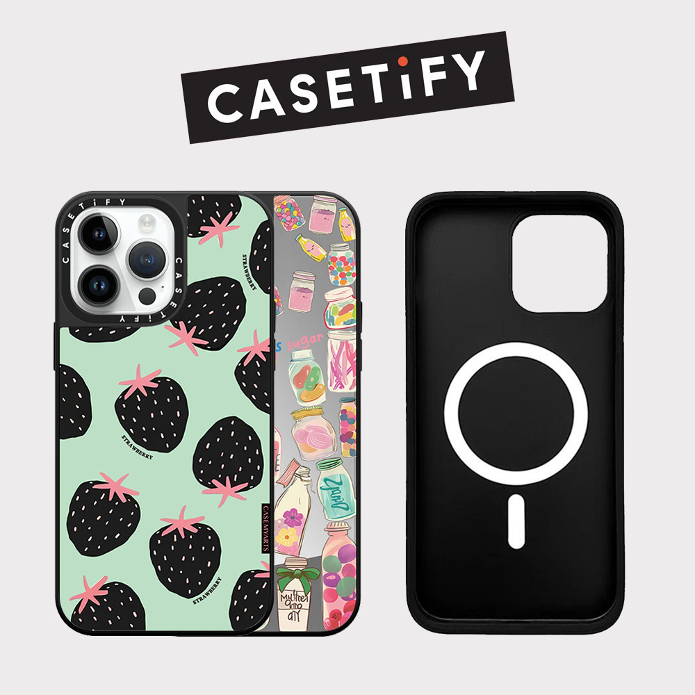 Drop proof CASETIFY เคสโทรศัพท์แม่เหล็กสําหรับiPhone 15 plus 15Pro 15promax 14pro 14promax 13 13Promaxพิมพ์ด้านข้างเคสแข็งสตรอเบอร์รี่12PromaxกรณีiPhone 11คุณภาพสูง