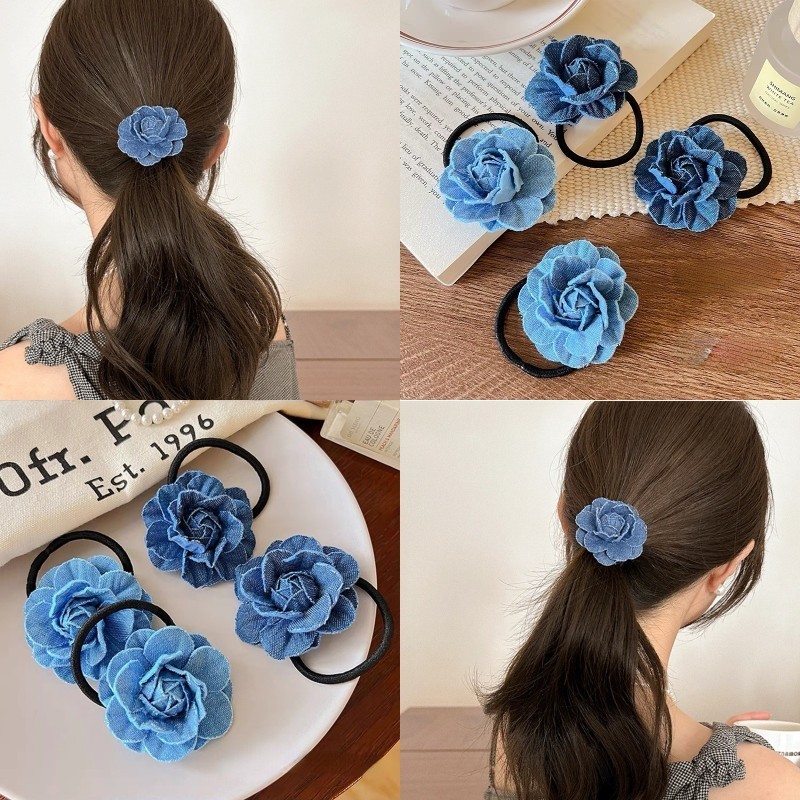 Sweet Cool Denim Blue Camellia เชือกผมหญิง High-End Rose Hair Tie เกาหลีหัว Tie ผมหางม้าเชือกผม