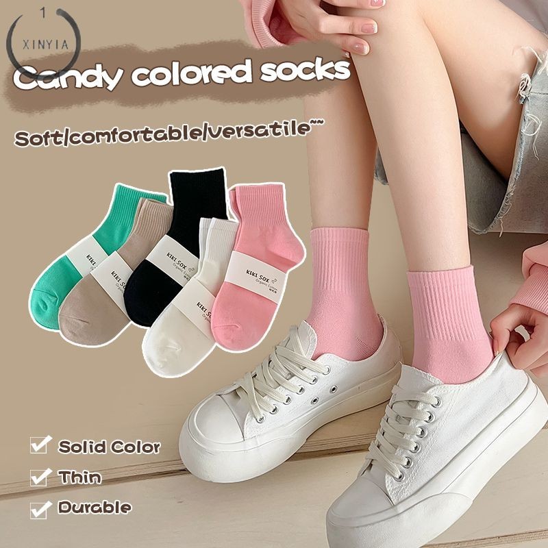 จัดส่งที่รวดเร็ว✨ถุงเท้าข้อสั้นแบบบางฤดูร้อนและฤดูใบไม้ผลิผ้าฝ้ายแท้สีแคนดี้สไตล์ญี่ปุ่นกันลื่นเรียบง่ายถุงเท้าสำหรับผู้หญิง-XINYIA1