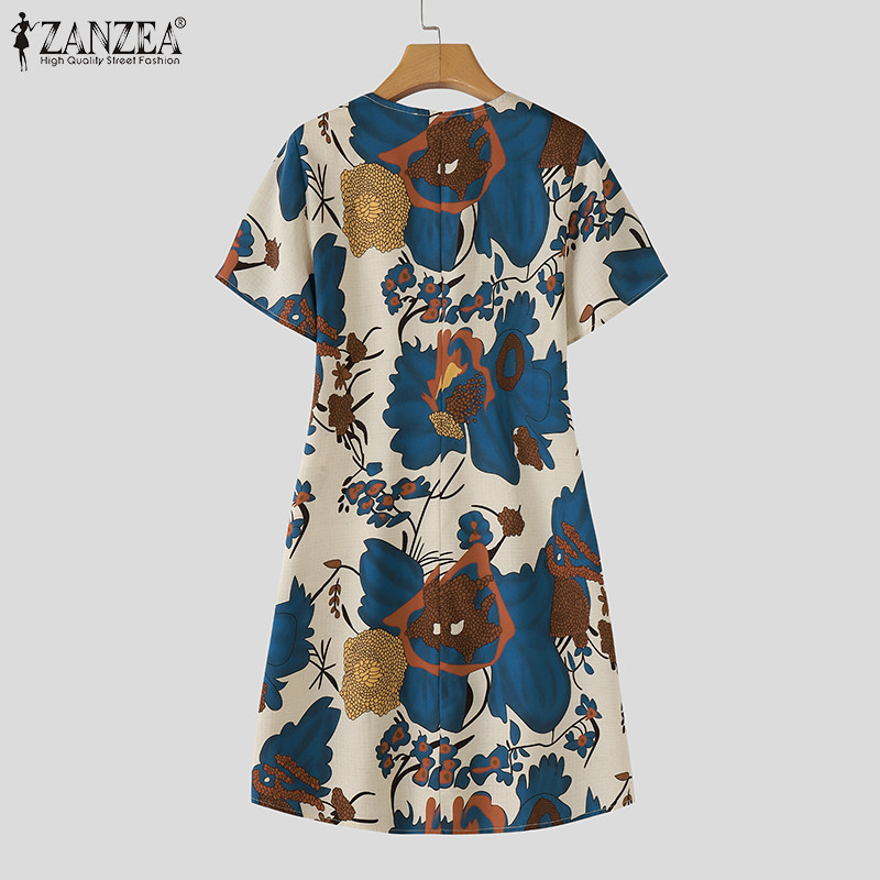 Zanzea ชุดเดรสแขนสั้นคอวีลําลองเกาหลีสําหรับผู้หญิง - รูปที่ 6