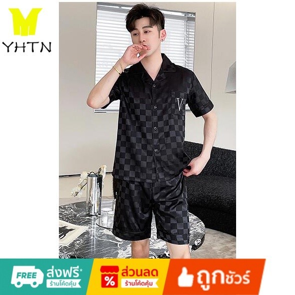 YHTN ชุดนอนผู้ชาย บางๆ ไซส์ใหญ่ นสีดำ ชุดนอนผ้าซาติน กางเกงนอนผู้ชาย ราคาถูก กางเกงใส่นอน ลาย ผ้าซาติน ลายสก็อต ชุดนอนชาย ผ้าคอตตอน ลายการ์ตูน เกาหลี อนขาสั้น สีขาว ใส่สบาย ชุดนอน