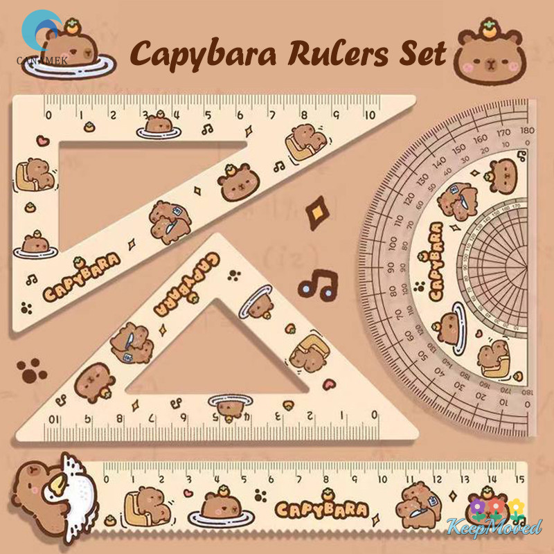 Keepmoving 4 ชิ้น/1 ชุดน่ารักการ์ตูน Sanrio Capybara ไม้บรรทัดชุดเครื่องมือวาดภาพอุปกรณ์สํานักงานไม้บรรทัดตรงไม้บรรทัดสามเหลี่ยมเครื่องเขียนนักเรียนใหม่