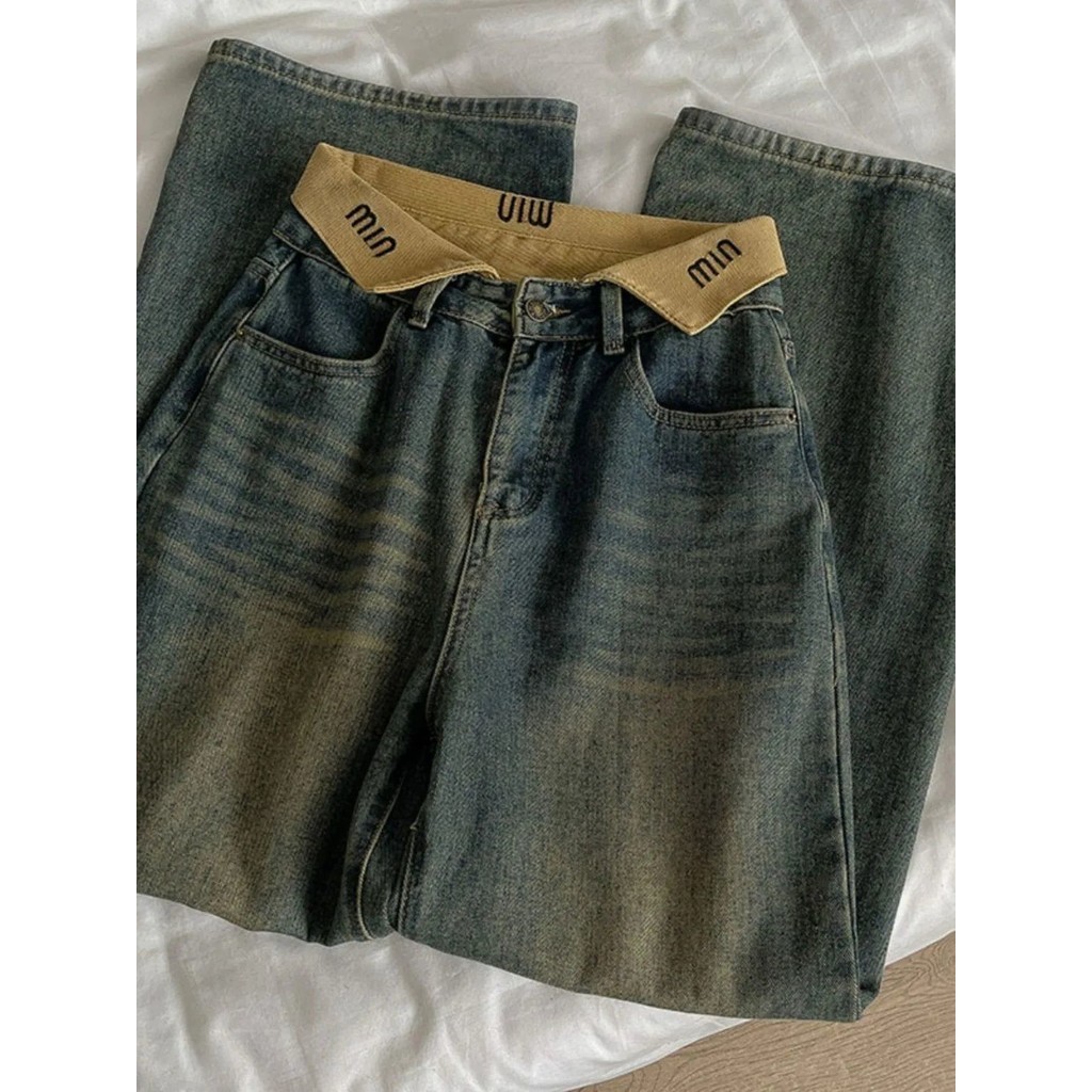 สินค้าใหม่ High Street Chic Chic Jeans Spot ฤดูใบไม้ผลิและฤดูใบไม้ร่วงใหม่ผู้หญิงเอวสูงอารมณ์ย้อนยุคลดอายุกางเกงขากว้างอินเทรนด์ ytl7