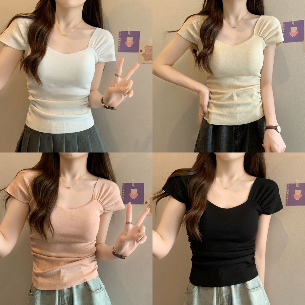 Anne เสื้อยืดผู้หญิง สีพื้น เข้ารูป คอกลม เสื้อยืดแขนสั้น สไตล์เกาหลี ทรงสวย แฟชั่น #31019-C